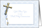 Gold Cross, Blue Rosary Beads, First Communion Blessings card