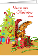 Mischievous Christmas Cat with Opened Gift card