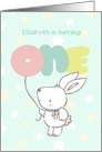 Customize Name Birthday Turning One with Rabbit and Balloon card