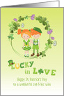 For Son & Wife St. Patricks Day with Clover Wreath and Cute Couple card