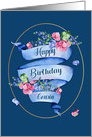 For Cousin Birthday Ribbon with Flowers and Gold Colored Oval Frame card