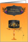 Halloween Birthday with Black Cake, Chalkboard Sign and Flowers card