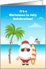 Christmas in July Invitation with Santa on Beach, Palm Tree & Dolphin card