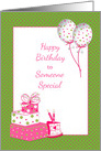 Birthday Gifts with Cake and Balloons Pink Polka Dots card