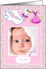Stork, Daisies, Pink Baby Bundle Photo Card