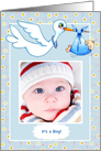 Stork, Daisies, Blue Baby Bundle Photo Card