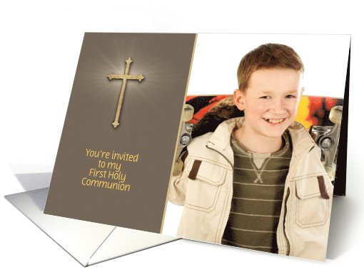 Brown, Gold Cross, First Communion Photo Invitation card (1013953)