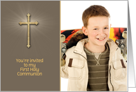 Brown, Gold Cross, First Communion Photo Invitation card