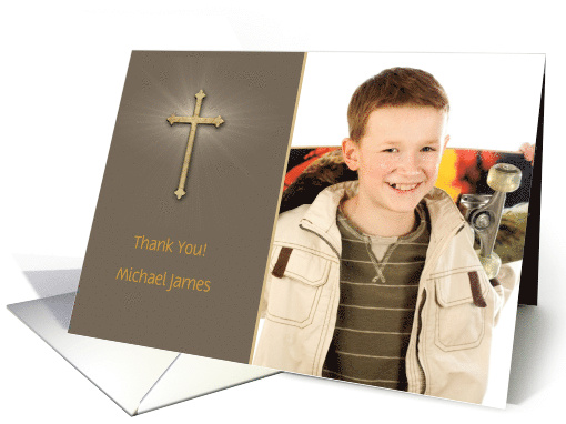 First Communion, Gold Cross, Light Brown Photo Thank You card
