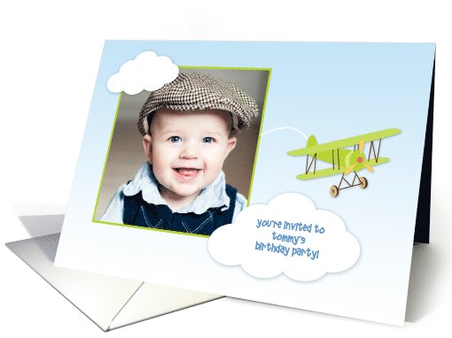 Green Airplane, Clouds, Birthday Party Photo Invitation card (1044697)