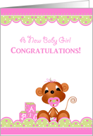 Baby Girl Monkey, New Baby Congratulations card