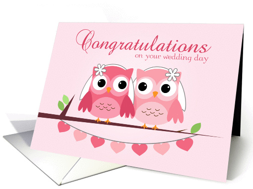 Pink Owls, Pink Hearts, Lesbian Wedding Congratulations card (1162290)