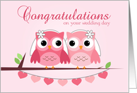 Pink Owls, Pink Hearts, Lesbian Wedding Congratulations card