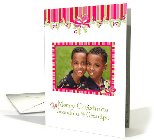 Pink, Green Stripes, Merry Christmas Grandma, Grandpa Photo card