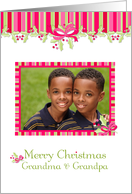 Pink, Green Stripes, Merry Christmas Grandma, Grandpa Photo Card