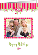 Pink, Green Stripes, Holly, Happy Holidays Photo Card