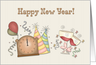 Happy New Year, Clock, Champagne, Party Streamers card