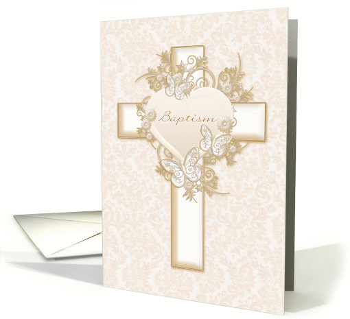 Gold Cross, Butterflies, Floral, Baptism Congratulations card
