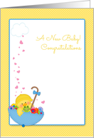 Yellow Duck, Umbrella, Hearts, New Baby Congratulations card