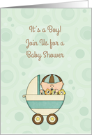 Baby Boy in Carriage, Mint Green Circles, Baby Boy Shower Invitation card