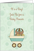 Baby Boy, Dark-skinned, Carriage, Mint Green Baby Boy Shower Invite card