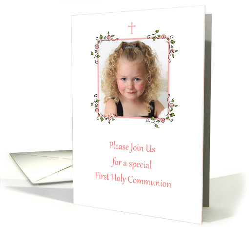 Pink Floral Corners, First Holy Communion Photo Card Invitation card
