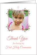 Pink Floral Corners, First Communion Photo Thank You Card