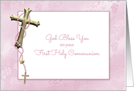 Gold Cross, Pink Rosary Beads, First Communion Blessings card