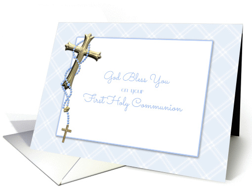 Gold Cross, Blue Rosary Beads, First Communion Blessings card