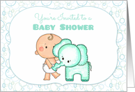 Baby Boy and Green Elephant, Baby Shower Invitation card