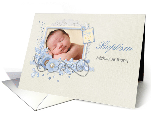 Blue and Cream Scrap Style Baptism Photo Invitation card (1240888)