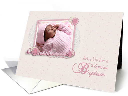 Pink and Cream Scrap Style Baptism Photo Invitation card (1240896)