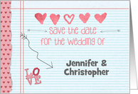 Doodle Style, Pink Hearts, Customize Names, Save the Date Announcement card