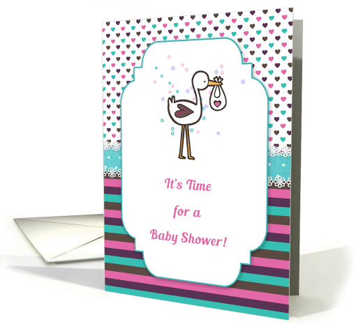 Hearts, Stripes and Stork Baby Shower Invitation card (1249786)