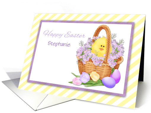 Yellow Chick, Lilacs, Basket, Customize Name, Happy Easter card