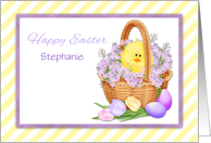 Yellow Chick, Lilacs, Basket, Customize Name, Happy Easter card