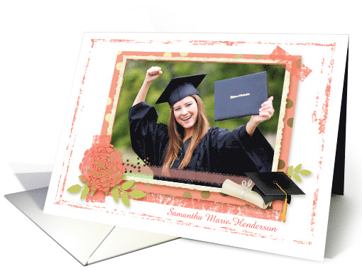 Coral Flower Scrapbook Style Polka Dots Graduation Custom Photo card