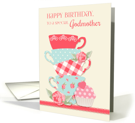 Tea Cups and Roses, Happy Birthday Godmother card (1280648)