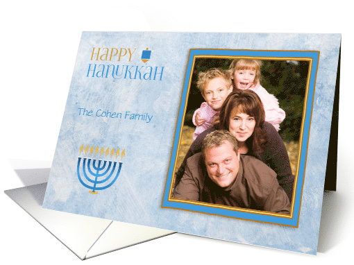 Blue Menorah, Dreidel, Happy Hanukkah Photo card (1313420)