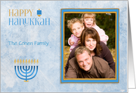 Blue Menorah, Dreidel, Happy Hanukkah Photo Card