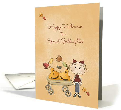 Special Goddaughter, Pumpkin Cart, Autumn Leaves, Halloween card