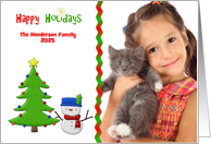 Cute Snowman and Tree Happy Holidays Photo Card
