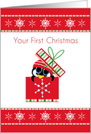 Penguin in Gift Box, First Christmas card
