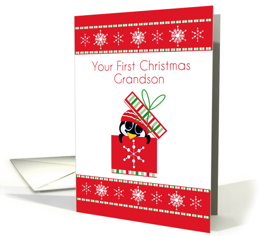 Penguin in Gift Box, First Christmas, Grandson card (1337308)