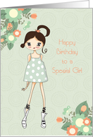 Girl Birthday, Brunette, Sage Green Floral card
