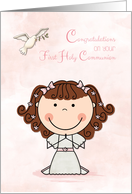 First Communion, Brown Hair Girl, Congratulations card