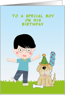 Birthday Boy with Eyeglasses, Dog with Party Hat and Balloon card