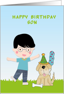 Boy with Eyeglasses, Dog, Birthday For Son card