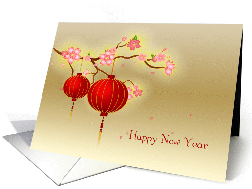 Red Paper Lanterns, Pink Blossoms, Chinese New Year card (1355132)