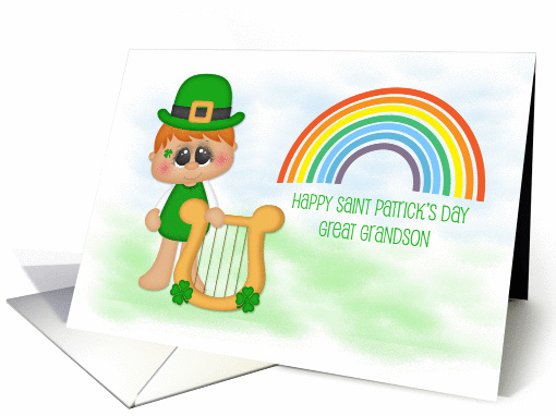 Little Boy with Harp, Rainbow, Saint Patrick's Day Great Grandson card